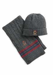 Chaps Men's Performance Engineering Ribbed Cricket Throwback Cable Knit 2 Piece Hat & Scarf Set Charcoal One Size