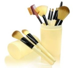 - Make-up Brush Set Of 12 - Cream Cylinder Case