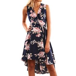 Aimik Elegant Summer Dresses Deep V Neck Sleeveless Asymmetrical Boho Floral Maxi Dress Dark Blue XL