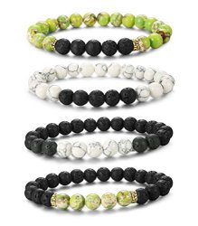 Loyallook 4PCS Matching Couple Bracelets White And Green Natural Stone Elastic Beaded Bracelet For Men Women 2 Sets