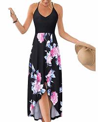 Twinklady Women's V Neck Summer Sleeveless Patchwork Asymmetrical Floral Maxi Dress