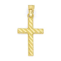 14K Real Solid Gold Cross Pendant With Diamond Cut Finish Religious Jewelry Jesus Piece Charm Gifts For Baptism Or Christening