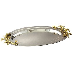 Elegance Golden Vine Hammered Stainless Steel Oval Tray 16.5 By 10-INCH Silver gold