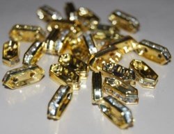 Spacers - Rhinestone - Rectangle - Two Hole - 8X4MM - Gold Plated With Clear Rhinestones