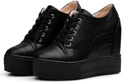 Wedges Sneakers For Women White Platform High Heel Low-top Walking Sneakers Fashion 7.5 Black