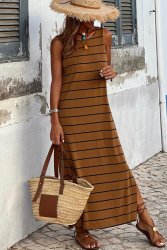 Brown Stripe Print Open Back Sleeveless Maxi Dress With Slits - XL SA40 UK16