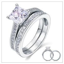 Solid .925 Sterling Silver 2 PC Wedding Promise Engagement Ring W Simulated Princess Cut Diamond