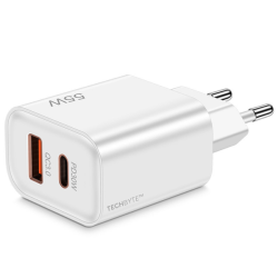 USB Wall Charger adapter - 55W - Dual Ports - Rapid Charge - White