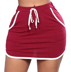 Casual Uuyuk-women Elastic Waist Drawstring Bodycon MINI Skirts Wine Red Us XS