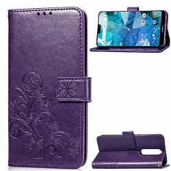 Jddrcase For Cell Phones Case Emboss Lucky Flower Four-leaf Clover Pu Leather Wallet Case With Lanyard Strap For Nokia 7 2018 Nokia 7.1 Color : Purple