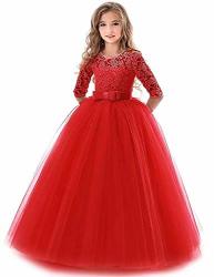 Girls Vintage Floral Lace 3 4 Sleeves Floor Length Party Fall Evening Formal Bridesmaid Prom Dance Gown Red 11-12 Years