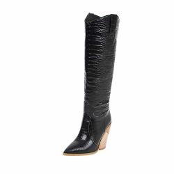 Henwerd Women's Chunky Heel Knee High Boots Comfortable Pointed Toe Western Cowboy Boots Black 8 Us