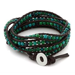 Gem Stone King 28INCHES Blue green Beads On Dark Brown Leather Wrap Bracelet With Snap Button Lock