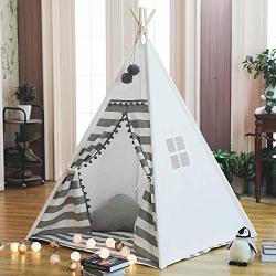Treebud Kids Teepee Play Tent With Mat Indoor Outdoor Indian Tents With Striped Curtain Playhouse Pompom Lace Cotton Canvas Tipi With Carry Bag Gary