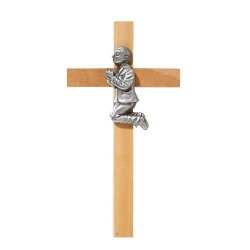 James Brennon - Praying Boy Wooden Cross Pewter Figure