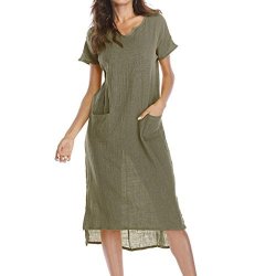 Summer Dress Plus Size Women Casual Loose Short Sleeve Cotton Linen Party Dresses With Pockets On Green XXL