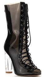 Cape Robbin BAILEY-1 Open Toe Block Chunky Clear Perspex Heel Lace Up Ankle Boot Bootie Black 6.5