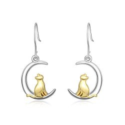Cat Earrings 925 Sterling Silver Two-tone Crescent Moon And Cute Pet Cat Puppy Dangles Golden Cat Earrings