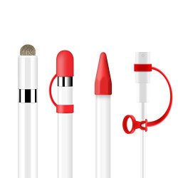 ColorCoral Silicone Sleeve for Apple Pencil Protective Accessories 5 in 1 Cartoon Caps Compatible with New iPad 9.7 10.5 12.9 Red