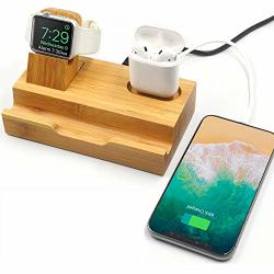 Wision 3-PORT Bamboo Charging Station Desk Dock Stock Cradle Holder Organizer Charging Stand For Universal Multi Device Compatible Airpods apple Watch cell Phone With Case