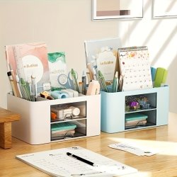 Multifunctional Desk Organizer With 2 Drawers Office Stationery Storage Box Vanity Dresser Organizer School Supplies Holder - Made With Durable Plastic Material