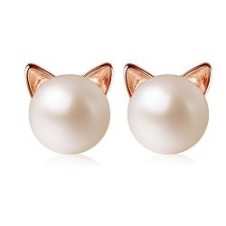 Wicary Cat Earrings Sterling Silver Cultured Freshwater Pearl Stud Earrings