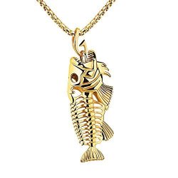 Long Sweater Chain Pendant Necklace Mitiy Fish Bone & Fishing Hook Skeleton Stainless Steel Charm Jewelry For Men Women Girls