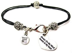 Chubbychicocharms Always On My Mind Forever In My Heart Pewter Beaded Black Waxed Cotton Cord Bracelet 2.5