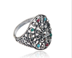 Fashion Retro Silver Plated Ring With Crystals - Size 10 T