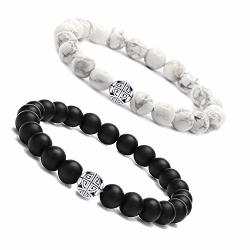 Metjakt Natrual Black Matte Agate & White Howlite 8MM Beads His And Hers Relationship Friendship Couple Bracelets With 925 Silver Bead Black&white
