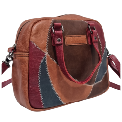 Genuine Leather Handbag - Multicolour Curved Patchwork Design