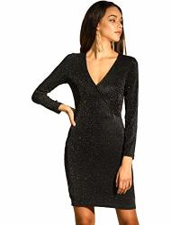 Allegra K Women's Black Glitter Long Sleeve Dress Sparkle V Neck Club Party Bodycon Dresses L Black