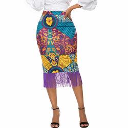 Nuoshang Women's African Skirts Vintage Floral Printed Pencil Midi Fringe Hem Skirt