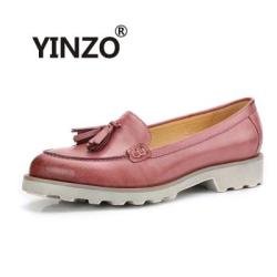 Yinzo Womens Retro Tasseled Leather Loafers - Pink 5