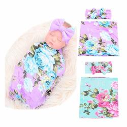 Galabloomer Newborn Receiving Blanket Headband Set Flower Print Baby Swaddle Receiving Blankets GREEN8PURPLE8 Pack Two