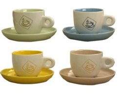 4 Colour Expresso Cups + Saucers Set Of 4 In Gift Box