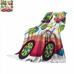 Kids Warm Microfiber All Season Blanket Funny Transportation Toys With Train Car Airplane Horn Balls Auto Tire Cartoon Design Print Artwork Image 60 X 36 Inch Multicolor