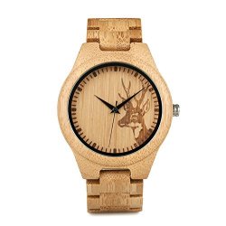 Bobo Bird Japan Quartz Casual Wood Bamboo Wrist Pocket Watch With Elk Shape Dial Men