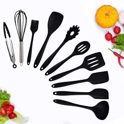 Silicone Cooking Utensil Set 10 Pcs Heat-resistant Non-stick Kitchen Utensils-kitchen Tools Set-hygienic One Piece Design Spatulas Serving And Mixing Spoons Black
