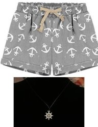 Anchor Print Grey Shorts Large With Rudder Necklace
