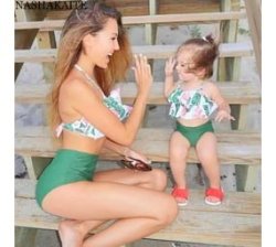 2 Piece Nylon Matching Bikini Swimwear Bathing Suits For Mom Or Daughter - Green - Floral Print - Size XL