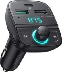 UGreen Bluetooth 5.0 Car Modulator Black - With Dual Usb-a 1 X USB Type-c Port |tf Card Slot Built-in Microphone