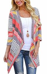 Mixfeer Women's Knit Cardigan Long Striped Open Front Drape With Long Sleeve Red