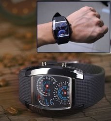 Dashboard Style Blue LED Car Watch With Arch Dial And Silicon Watch Band - Black