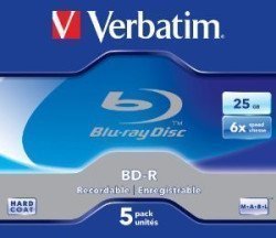 Verbatim Pack of 5 25GB Jewel Case Blu-ray BD-R Discs