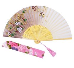 Amajiji Chinese Japanese Folding Hand Fan For Women Vintage Retro Style 8.27" 21CM Bamboo Wood Silk Hand Fans CL-07