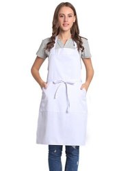 Bighas Adjustable Bib Apron With Pocket Extra Long Ties For Women Men Kitchen Home Cooking White