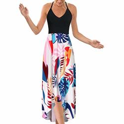 Haalife?? Women's V Neck Sleeveless Asymmetrical Boho Dress Summer Backless Floral Print Maxi Party Dress Blue