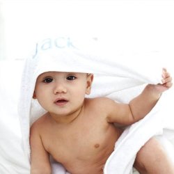 Personalised Baby Hooded Towel White With Blue Trim