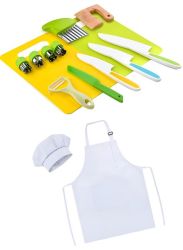 Kids Safe Plastic Kitchen Knives Cutting Board Apron Chef Hat Real Combo